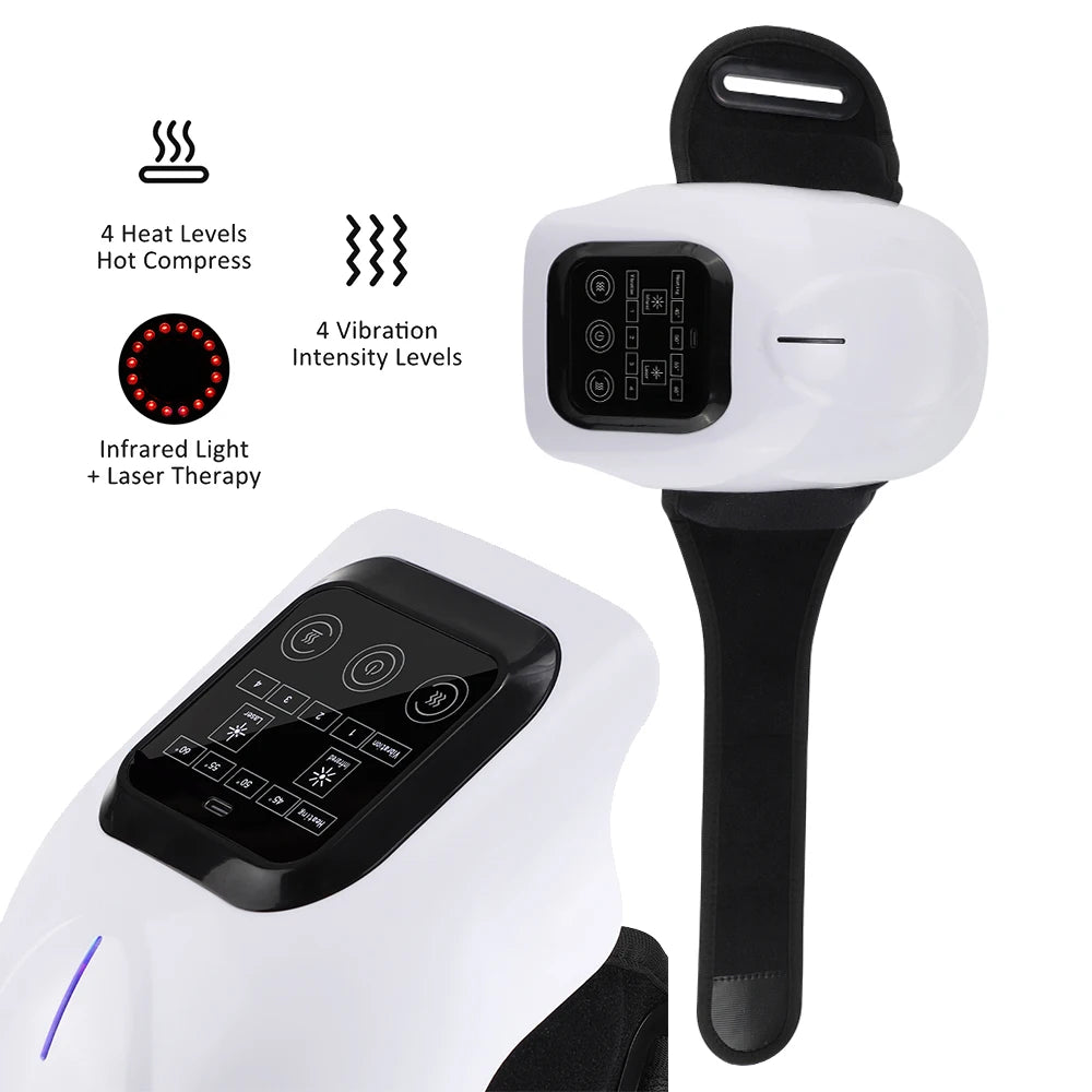 A white infrared knee massager device showing features like heat compress, vibration intensity levels, and laser therapy.