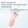 A pink electric body epilator device is shown submerged in water, highlighting its waterproof features.