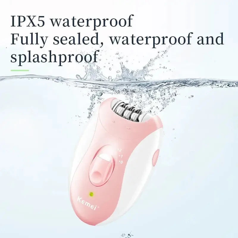 A pink electric body epilator device is shown submerged in water, highlighting its waterproof features.