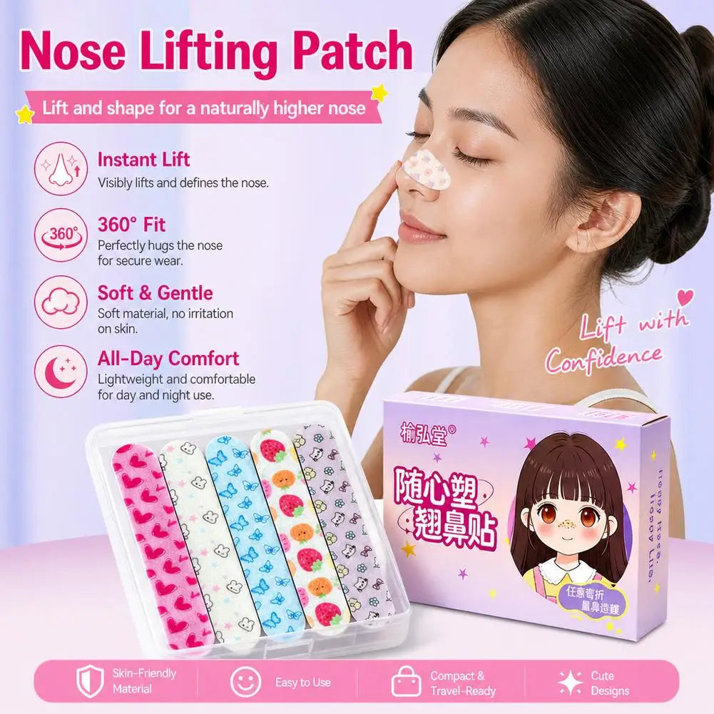 A woman applies a pink nose lifting patch to her nose, demonstrating the instant lift and shaping effect.