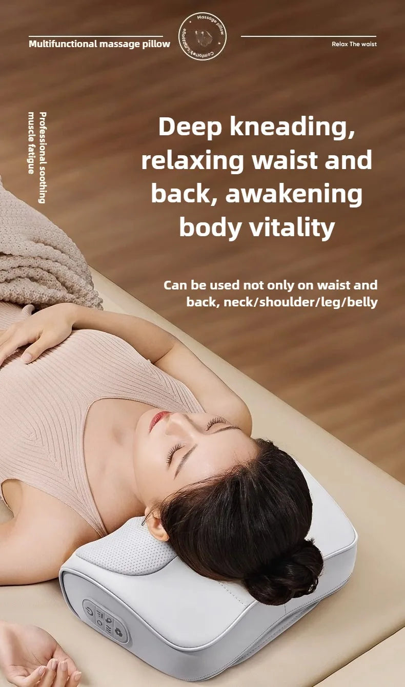 A woman is lying down using an electric massage pillow on her neck and back.