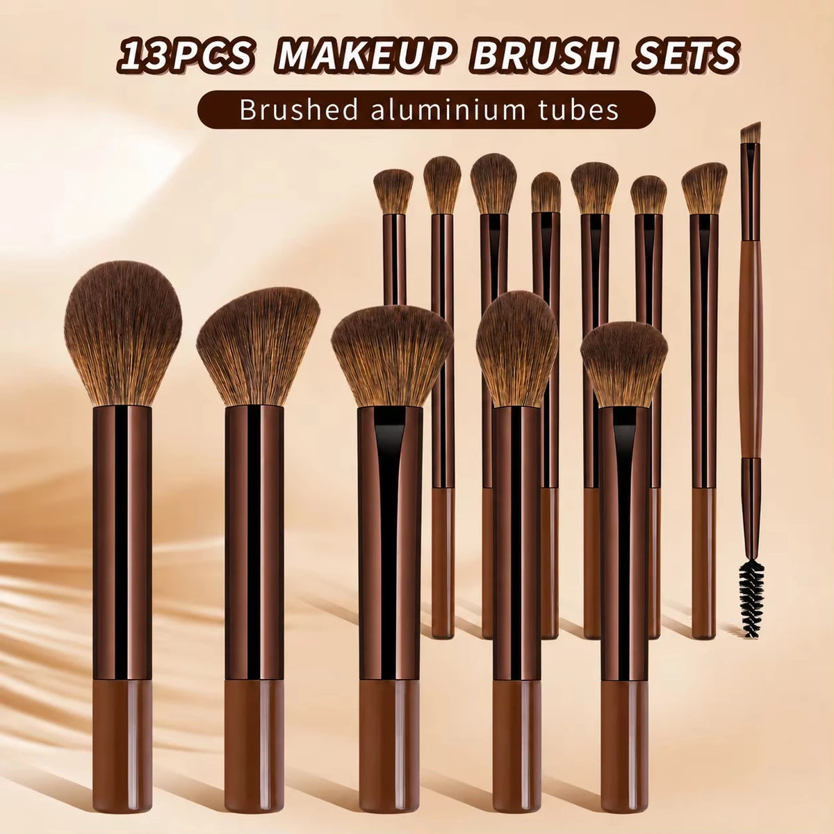 A collection of 13 pieces of brushed aluminum makeup brush sets displayed vertically.