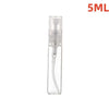 A clear glass perfume bottle with a white pump dispenser and a silver-colored neck, labeled 5ML.