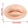 A pink silicone practice skin resembling a human lip and mouth, shown with dimensions.