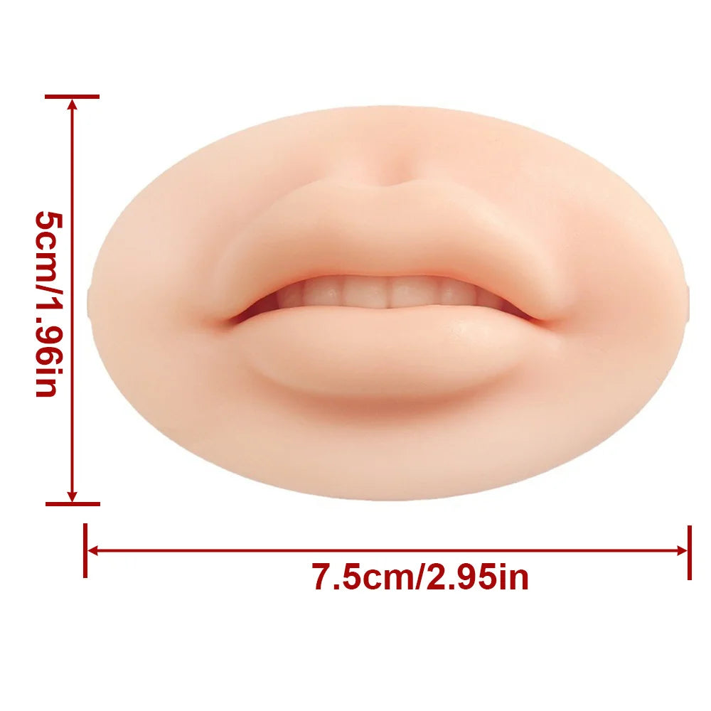 A pink silicone practice skin resembling a human lip and mouth, shown with dimensions.