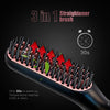 A black electric beard straightener brush with multiple teeth is shown, ready for use.