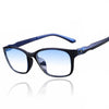 Blue anti-fatigue computer reading glasses with dark frames and clear lenses