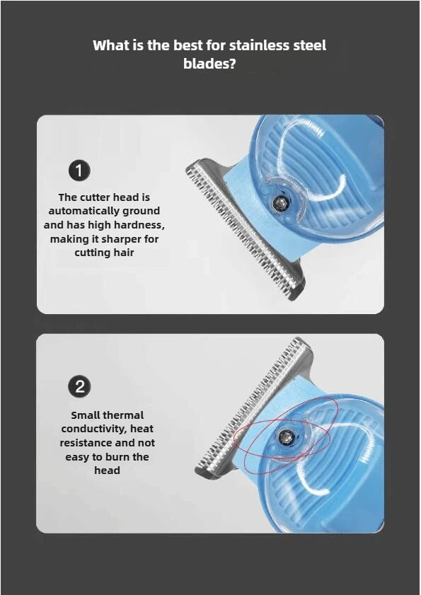 Close-up view of a blue hair trimmer with a sharpened stainless steel cutter head and a heat-resistant housing.