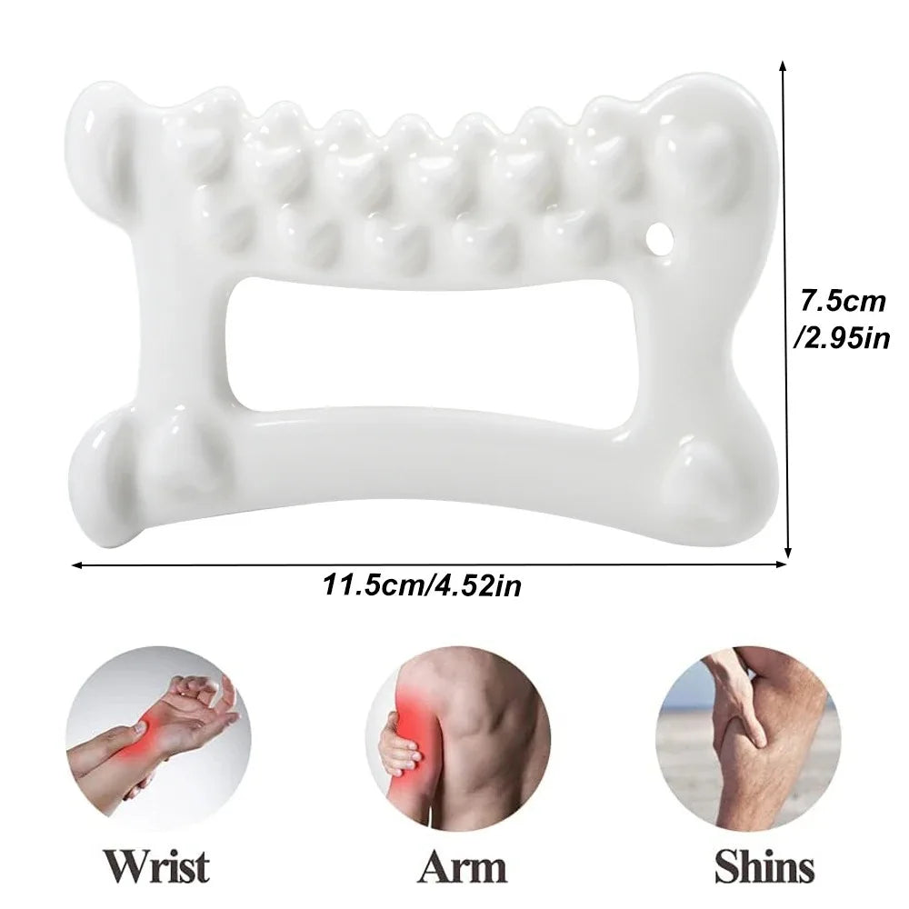 White resin facial gua sha massage tool shown with views of wrist, arm, and shins.