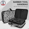 A black and white zebra-print barber tool handbag with an open flap showing storage compartments.