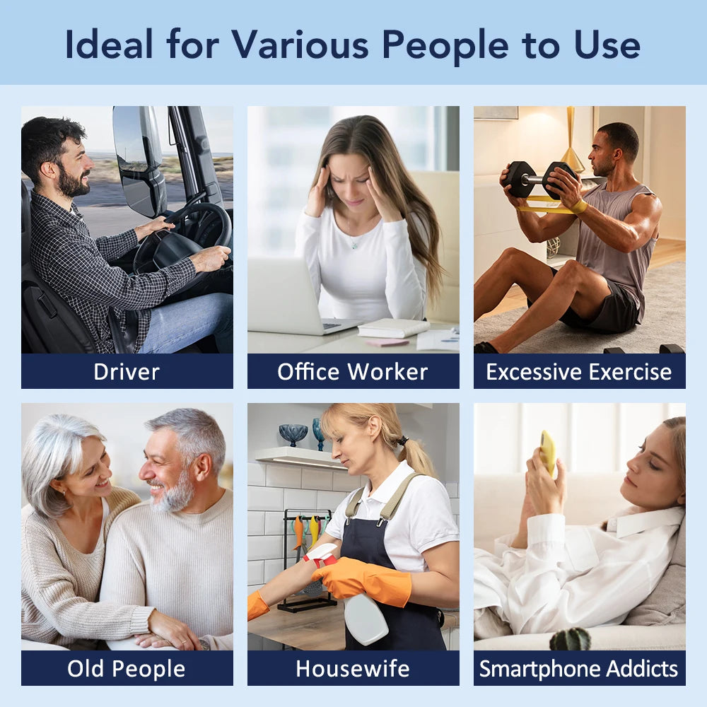 A grid showing various people using a multi-mode electric muscle stimulator for pain relief including a driver, office worker