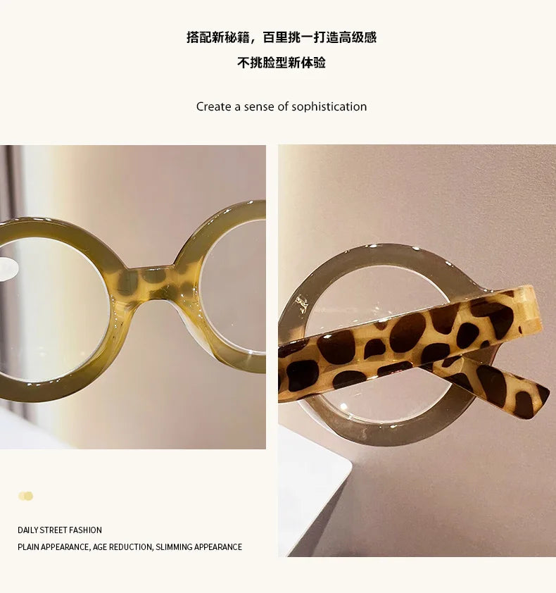 Pair of round tortoiseshell acetate reading glasses with light brown frames and clear lenses