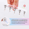 A hand is holding a clear magnetic nail art display stand set with multiple metallic nails.