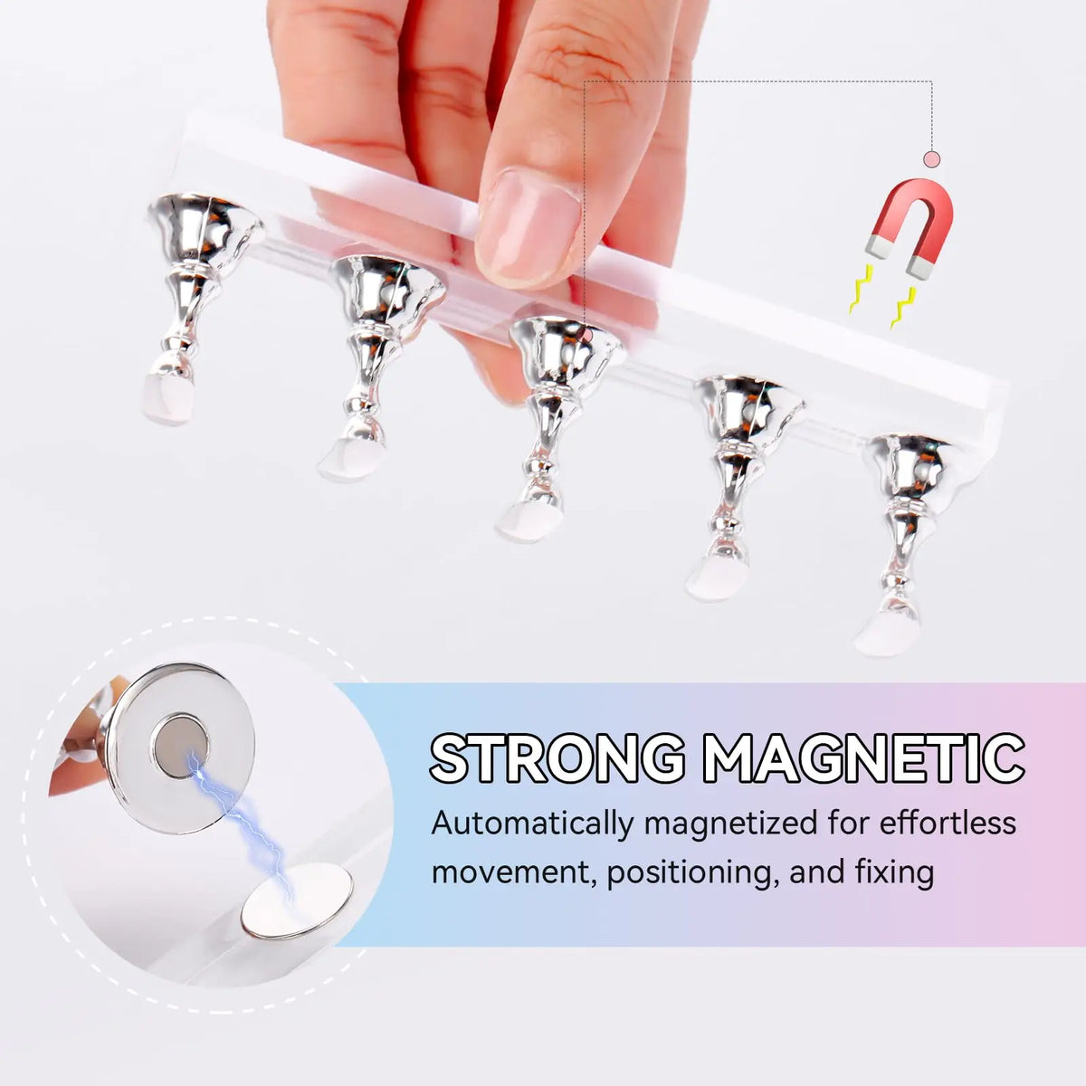A hand is holding a clear magnetic nail art display stand set with multiple metallic nails.
