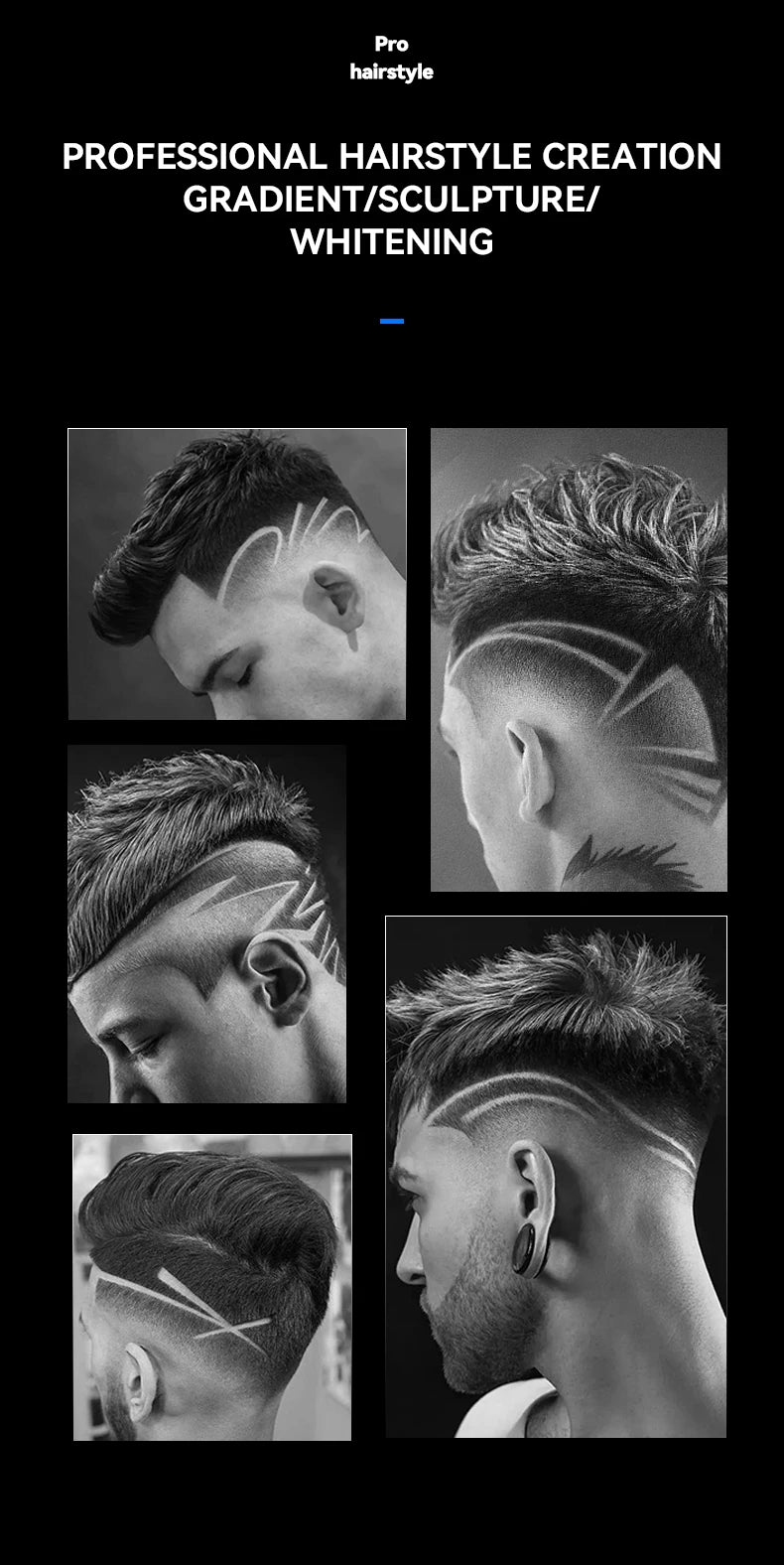 Close-up images demonstrating professional hairstyling techniques including gradient, sculpture, and whitening on male hair.