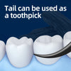 A white tooth is shown with a dark stick used as a toothpick, illustrating how the tail can be used for dental cleaning.