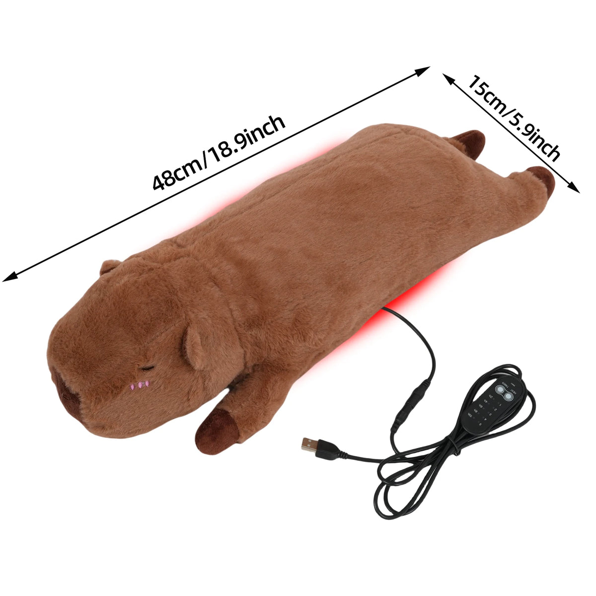 A brown electric heating pad shaped like a bear, with a cord, shown against a white background.