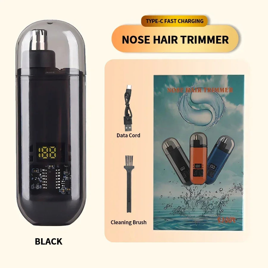 Black Type-C fast charging nose hair trimmer with a cleaning brush and multiple trimming attachments
