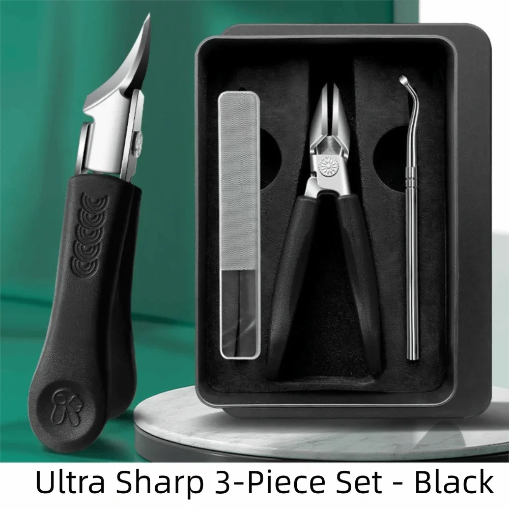 A black storage case holds a three-piece set of stainless steel manicure tools including a nail clipper, cuticle nipper, and 