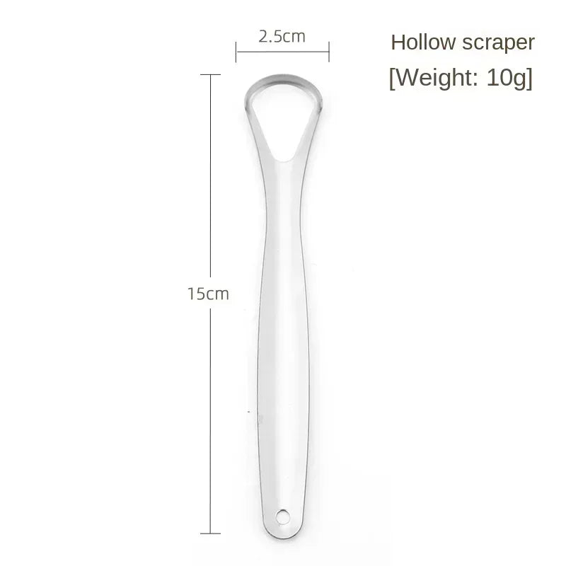 A white reusable stainless steel hollow scraper with a loop handle and a tapered design.