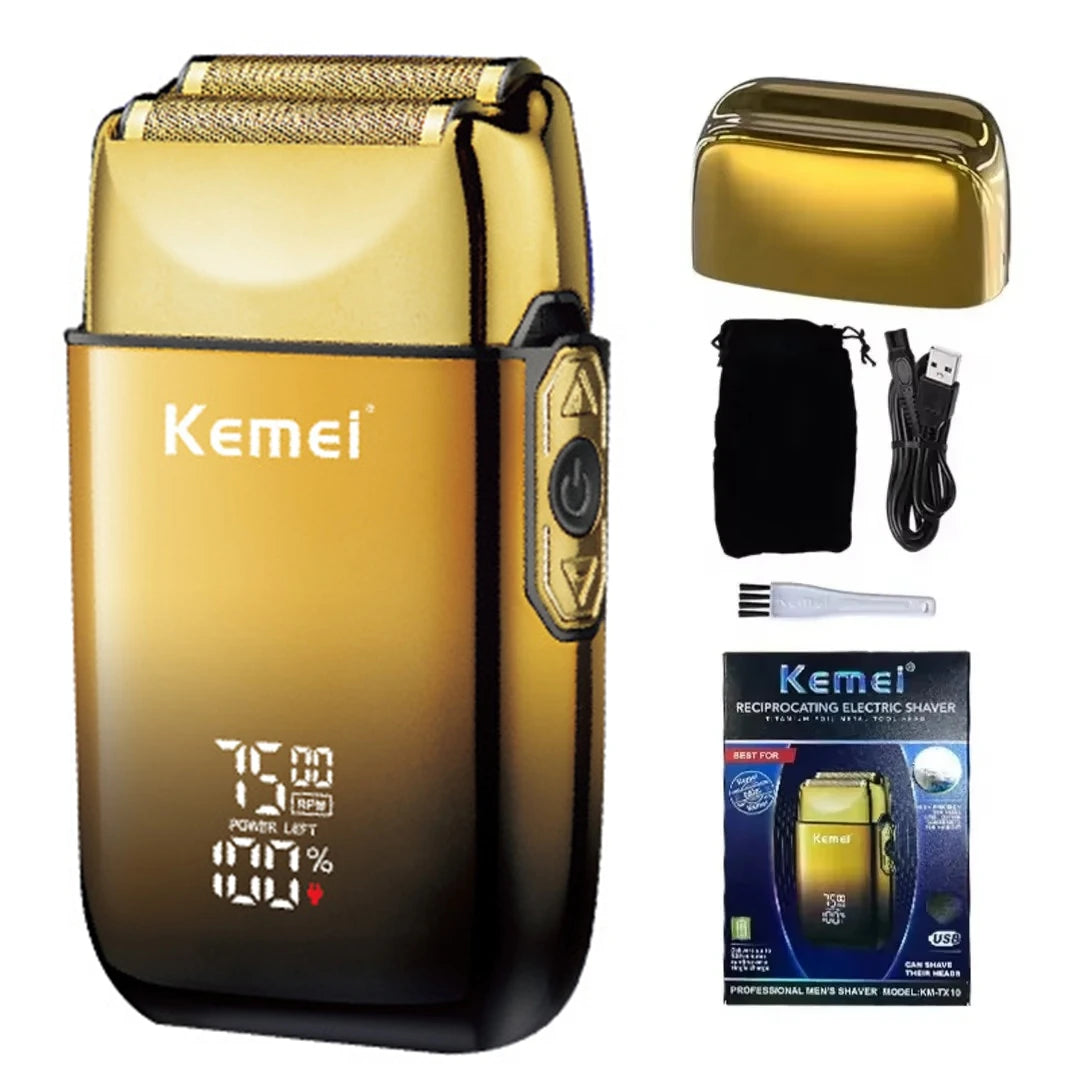 A gold and black electric foil shaver for men shown in a side profile with accessories.