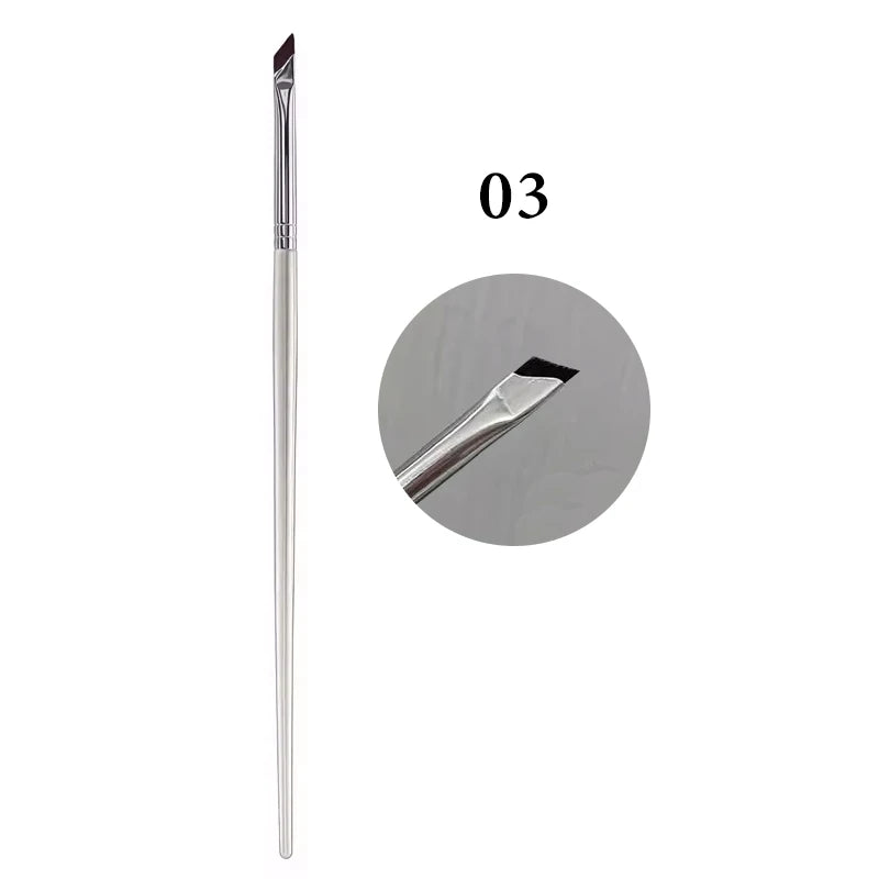 A close-up view of a silver ultra-thin angled eyeliner brush labeled 03.