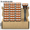 A cardboard box filled with multiple replacement razor heads for a 6 layer blade fusion style razor.