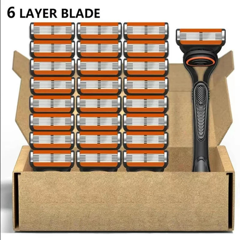 A cardboard box filled with multiple replacement razor heads for a 6 layer blade fusion style shaver.