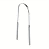 A stainless steel tongue scraper set with a curved handle and a textured cleaning end.