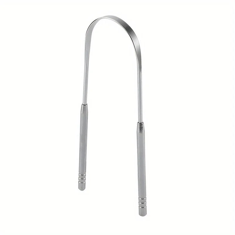 A stainless steel tongue scraper set with a curved handle and a textured cleaning end.