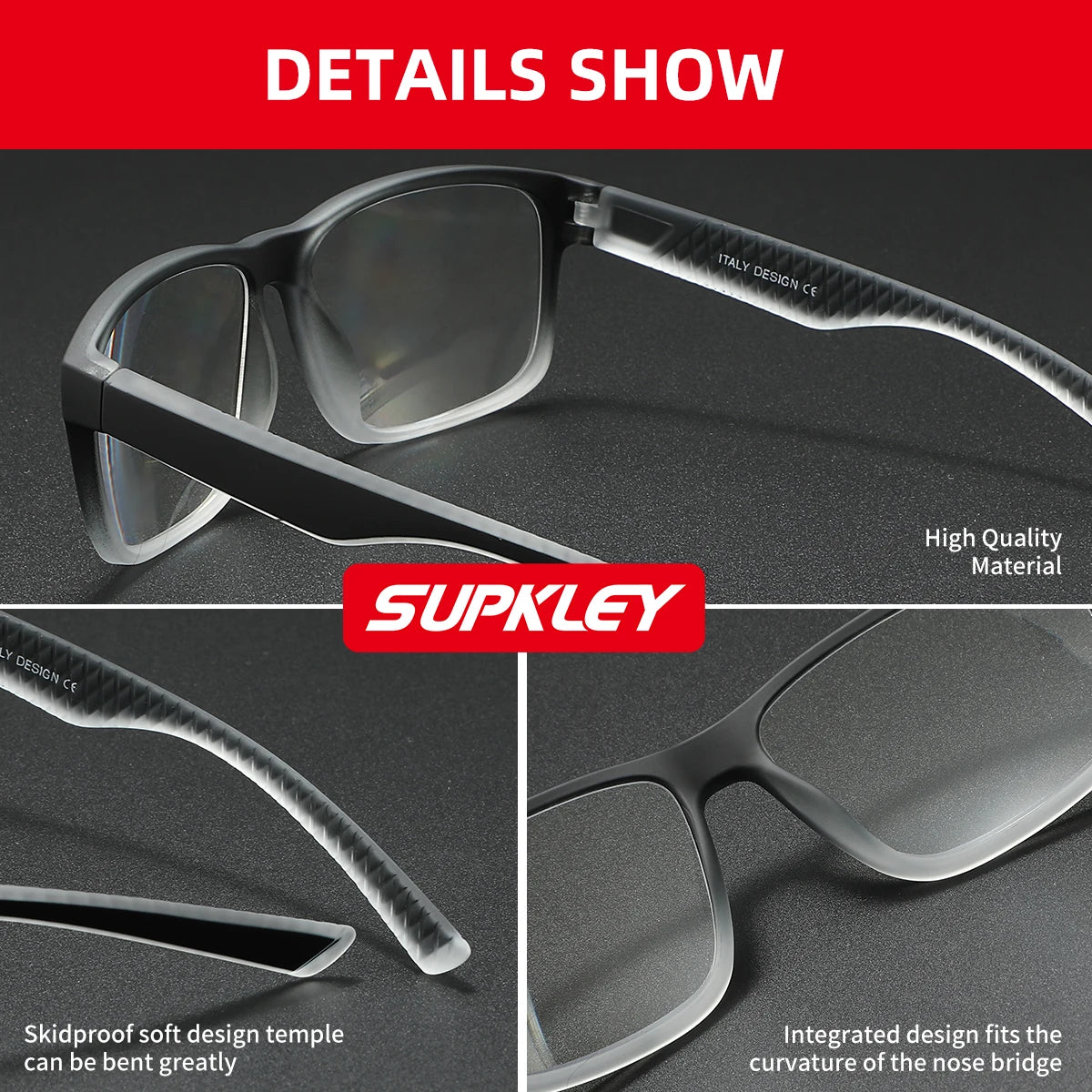 A close-up view of black reading glasses showing the high quality material and integrated design fitting the nose bridge.