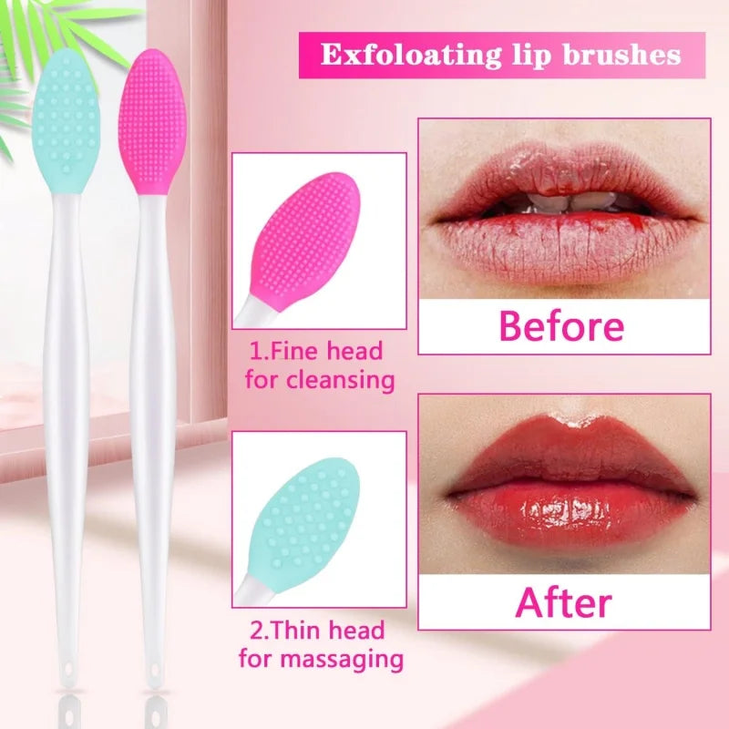 A set of two exfoliating lip brushes, one pink and one teal, shown before and after use on lips.
