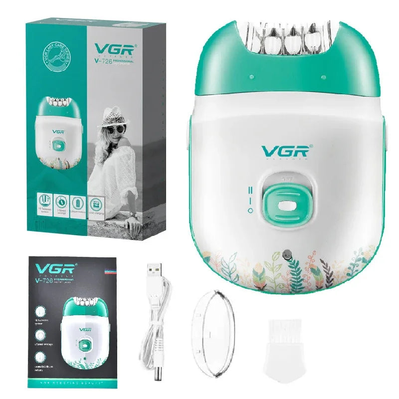 A VGR rechargeable electric epilator device shown in its box and with accessories.