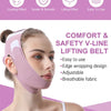 A woman is wearing a pink V-line lifting belt on her face, demonstrating the product's use.