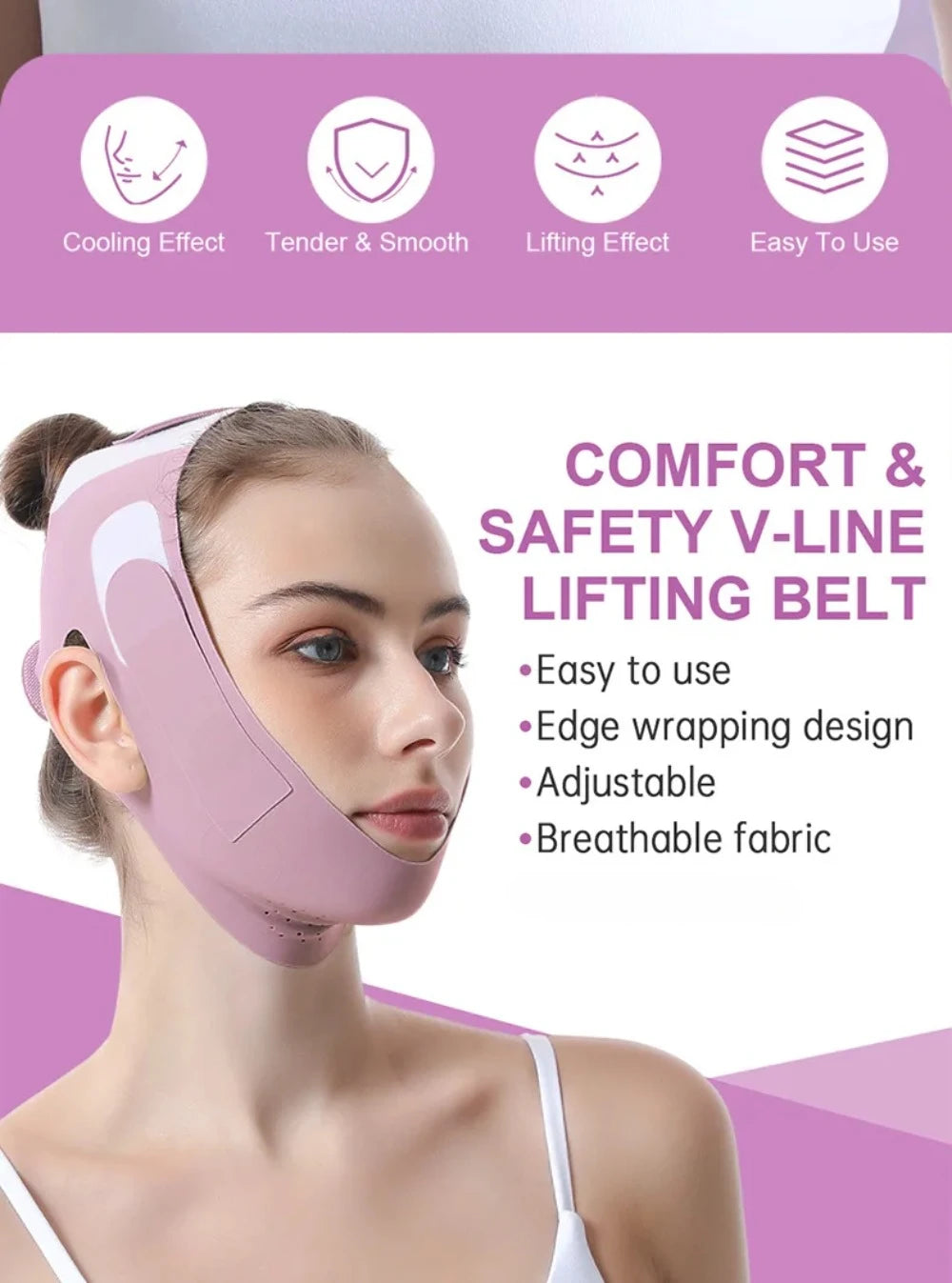 A woman is wearing a pink V-line lifting belt on her face, demonstrating the product's use.