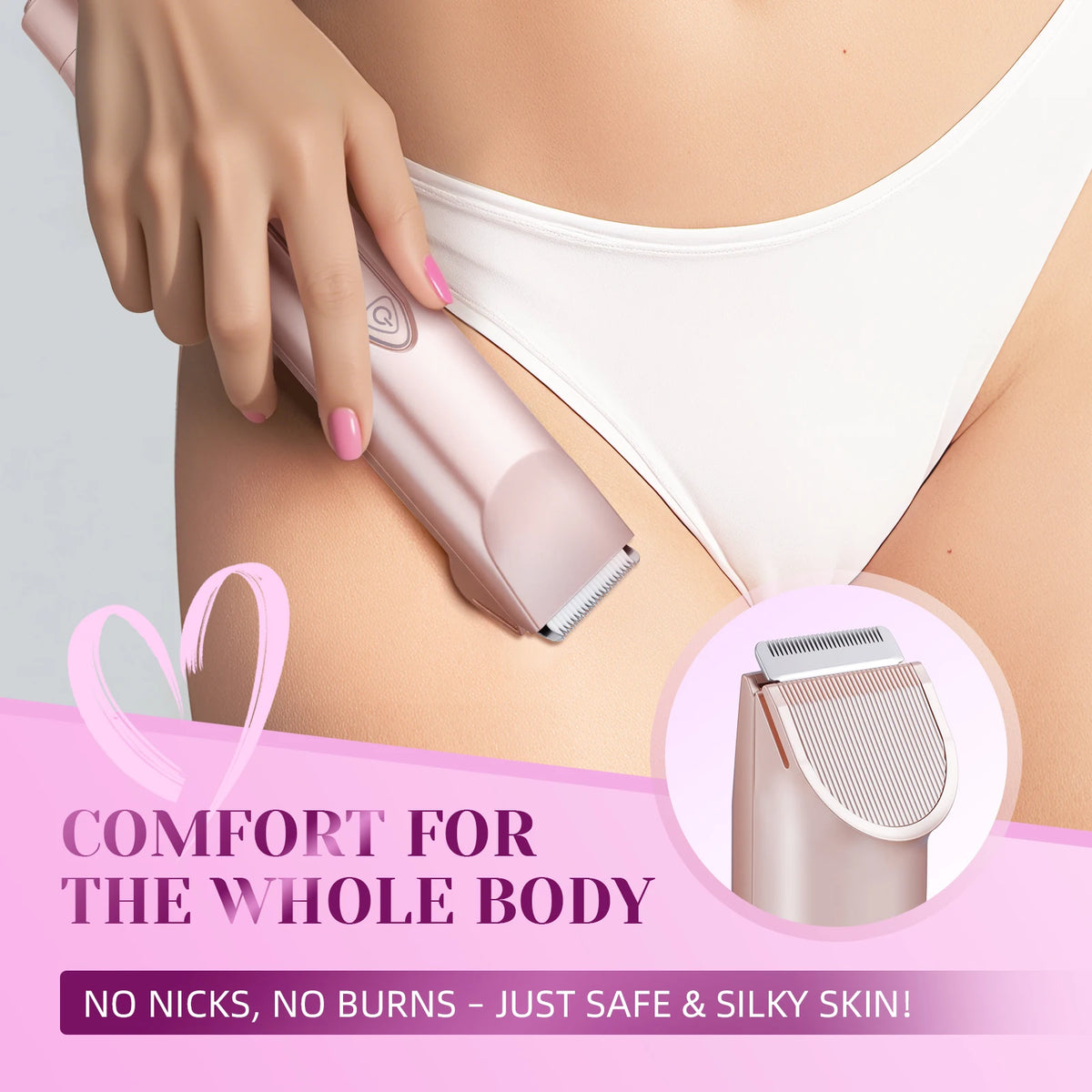 A hand holds a pink electric body hair trimmer against a woman's torso, emphasizing comfort and silky skin.