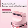 A close-up of a pink double headed shaver with a rounded knife head and a stainless steel cutter head.