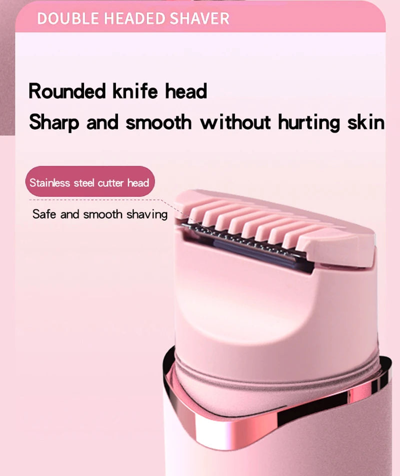 A close-up of a pink double headed shaver with a rounded knife head and a stainless steel cutter head.