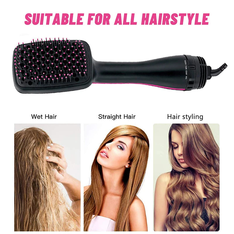 Black ceramic hot air brush hair styling tool shown with examples of wet, straight, and styled hair.