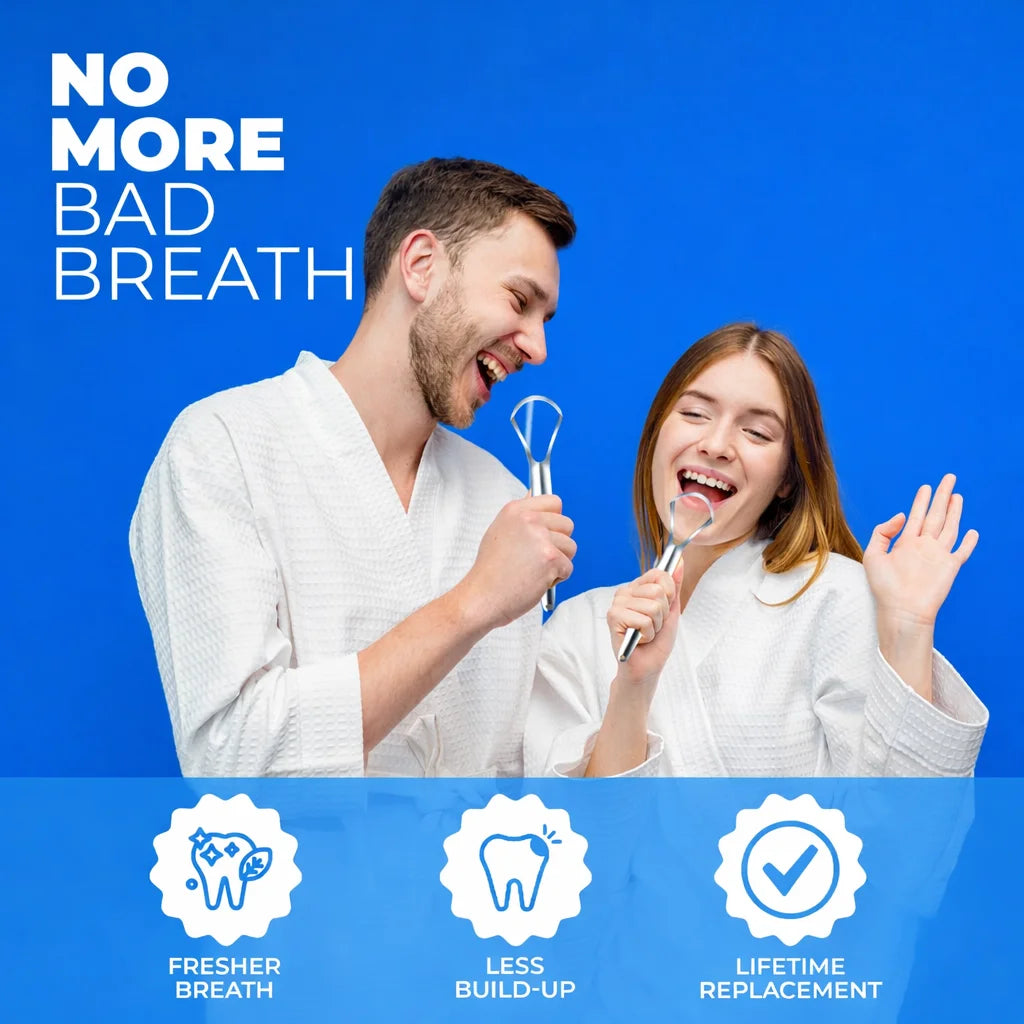 A man and a woman smiling while using a stainless steel tongue and gum scraper set for fresher breath.