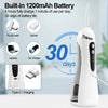 A white portable electric oral irrigator device shown next to various charging accessories and usage details.