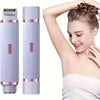 A woman is using a portable dual-head electric shaver, showing the device and its components.