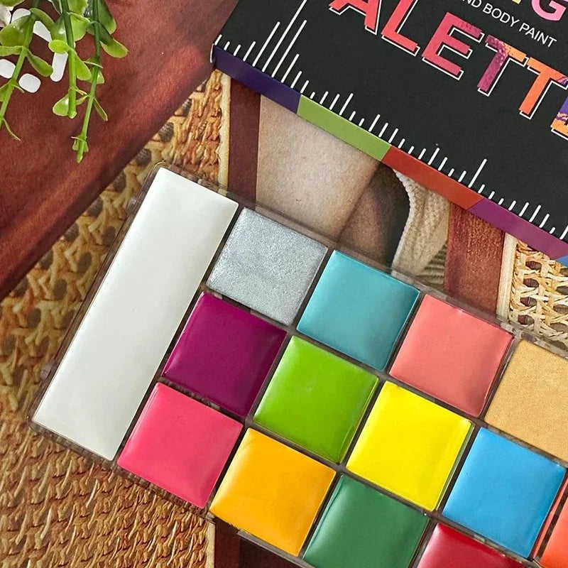 A collection of 20 vibrant, non-toxic body paint colors arranged in a grid for art and cosplay.