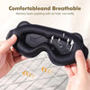 Eine Hand hält eine schwarze Memory-Foam-Schlafmaske mit Luftloch und demonstriert ihre konturierte Form.