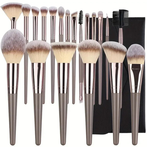 A complete makeup brush set featuring various facial and eye brushes in shades of brown and gray.