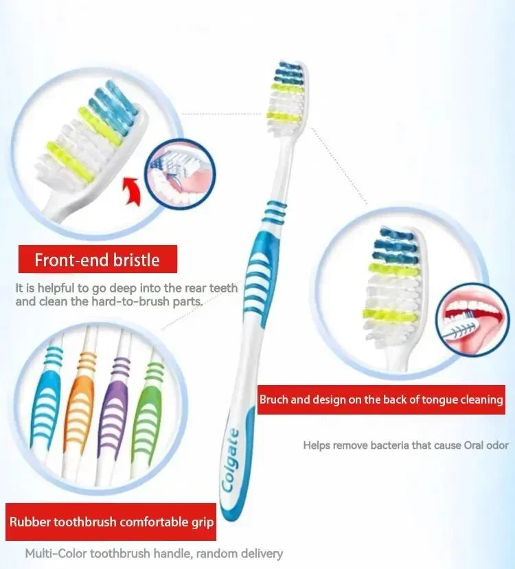 Un set de brosses à dents multicolores montrant les poils avant et les caractéristiques de conception pour le nettoyage de la