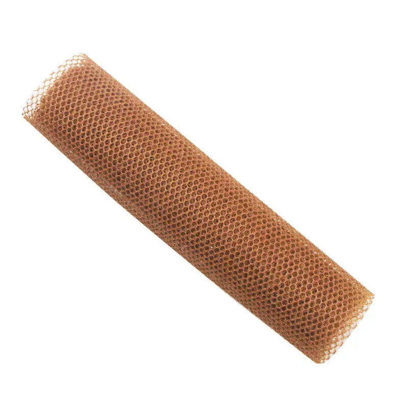 A cylindrical exfoliating mesh body scrubbing towel in a light brown or tan color.