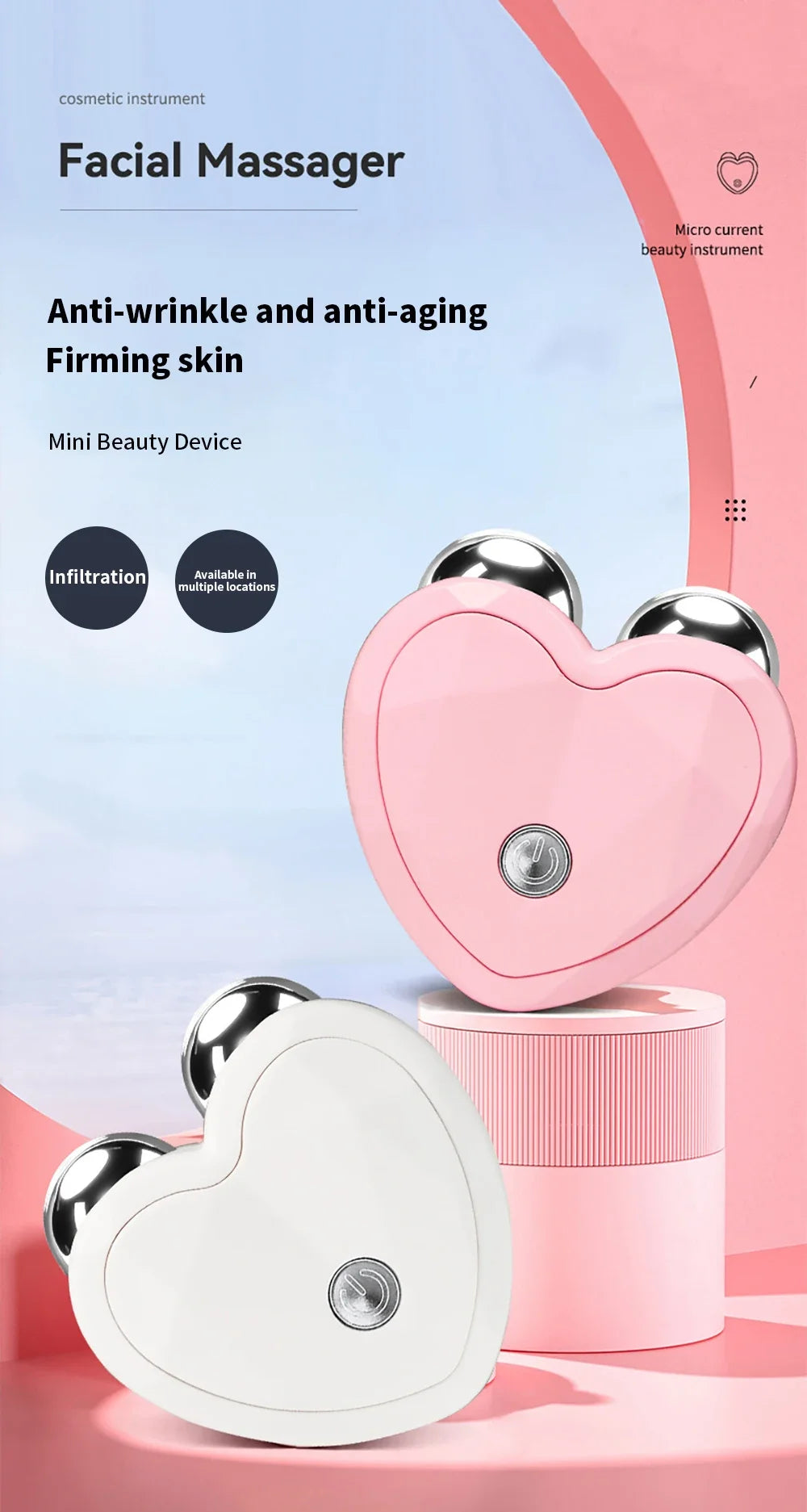 Pink and white microcurrent facial massager devices shown in various forms, including a heart-shaped device and a cylindrical