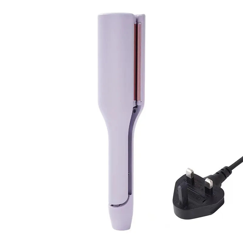 A purple ceramic hair curling iron with a black cord.