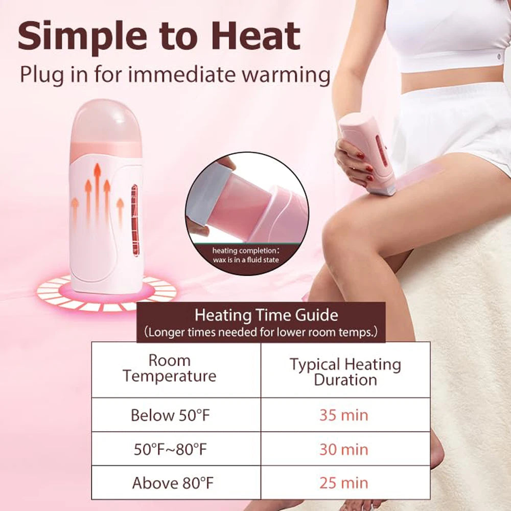 A hand holds a pink electric heating device used for immediate warming, shown next to a guide for room temperature heating ti